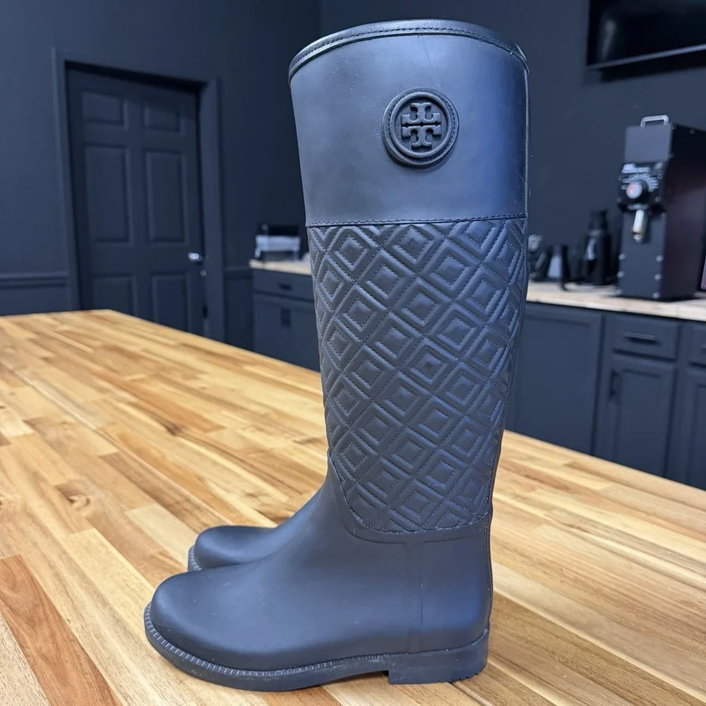 Tory Burch Marion Quilted Rain Riding Boots in Black Size 7